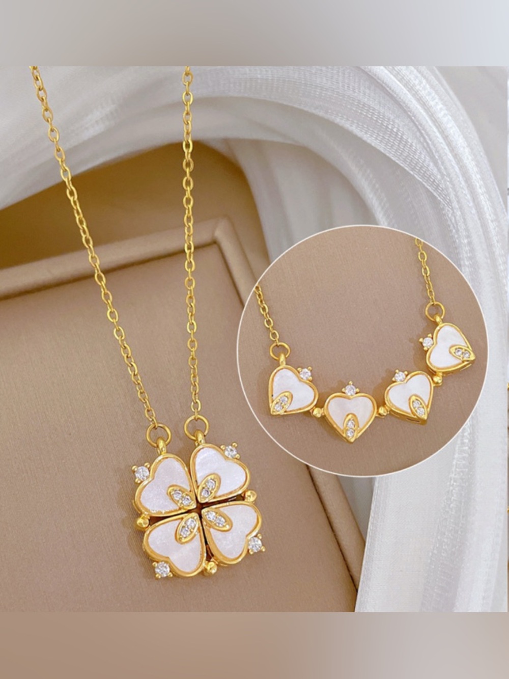 Four-Leaf Clover Pendant Convertible Mother of Pearl Enamel Necklace-NWT